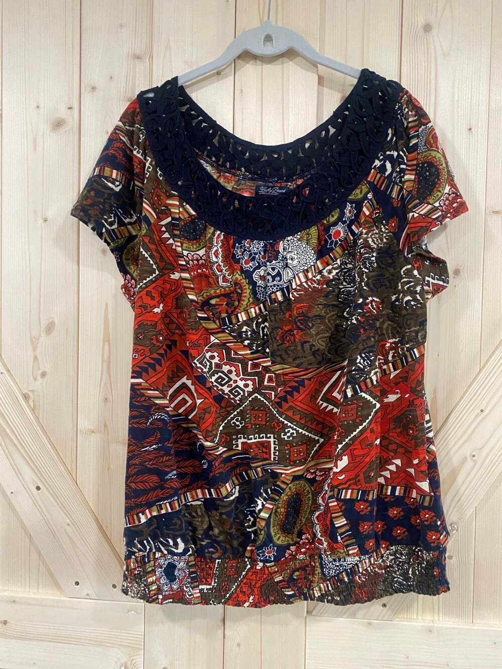 Lucky Brand Multi Print Crochet Trim Blouse Top Smocked Waist XL